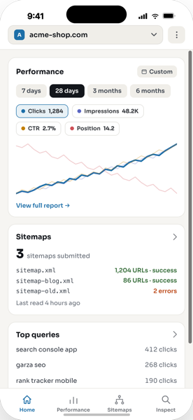 SEOdune Home screen showing a Search Console property overview