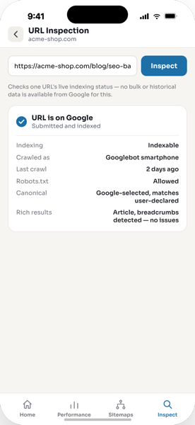 SEOdune URL Inspection screen showing a live Google indexing verdict