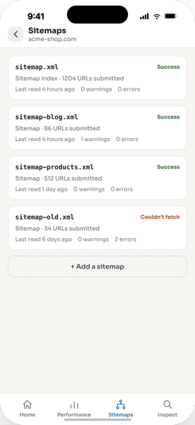SEOdune Sitemaps screen listing submitted sitemaps with warning and error counts